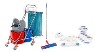 Komplett-Set Doppelfahrwagen, 2 x 17 L Eimer, Kunststoffpresse, 10 Wischbezüge