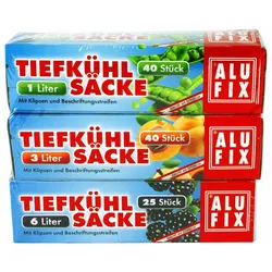 315x ALUFIX Tiefkühlsäcke Gefrierbeutel Mix mit Verschlussclips 1 L 3 L 6 L