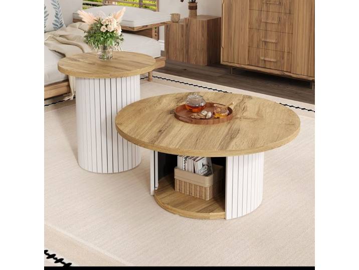 Table basse ensemble 2 pièces rondes avec rangement MDF couleur naturelle 75x75x50 et 45x45x35 cm