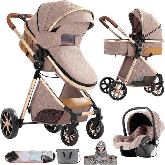 Kinderwagen-System - 3-in-1 Kinderwagen - Transport für Babys - Faltbar mit einem Klick - Aluminiumrahmen - Khaki