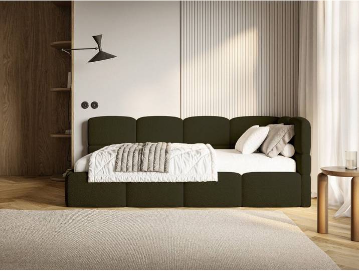 Selsey Einzelbett CLOUDY, Einzelbett 120x200, Eck-Kopfteil, Matratze & Bettkasten, Bouclé
