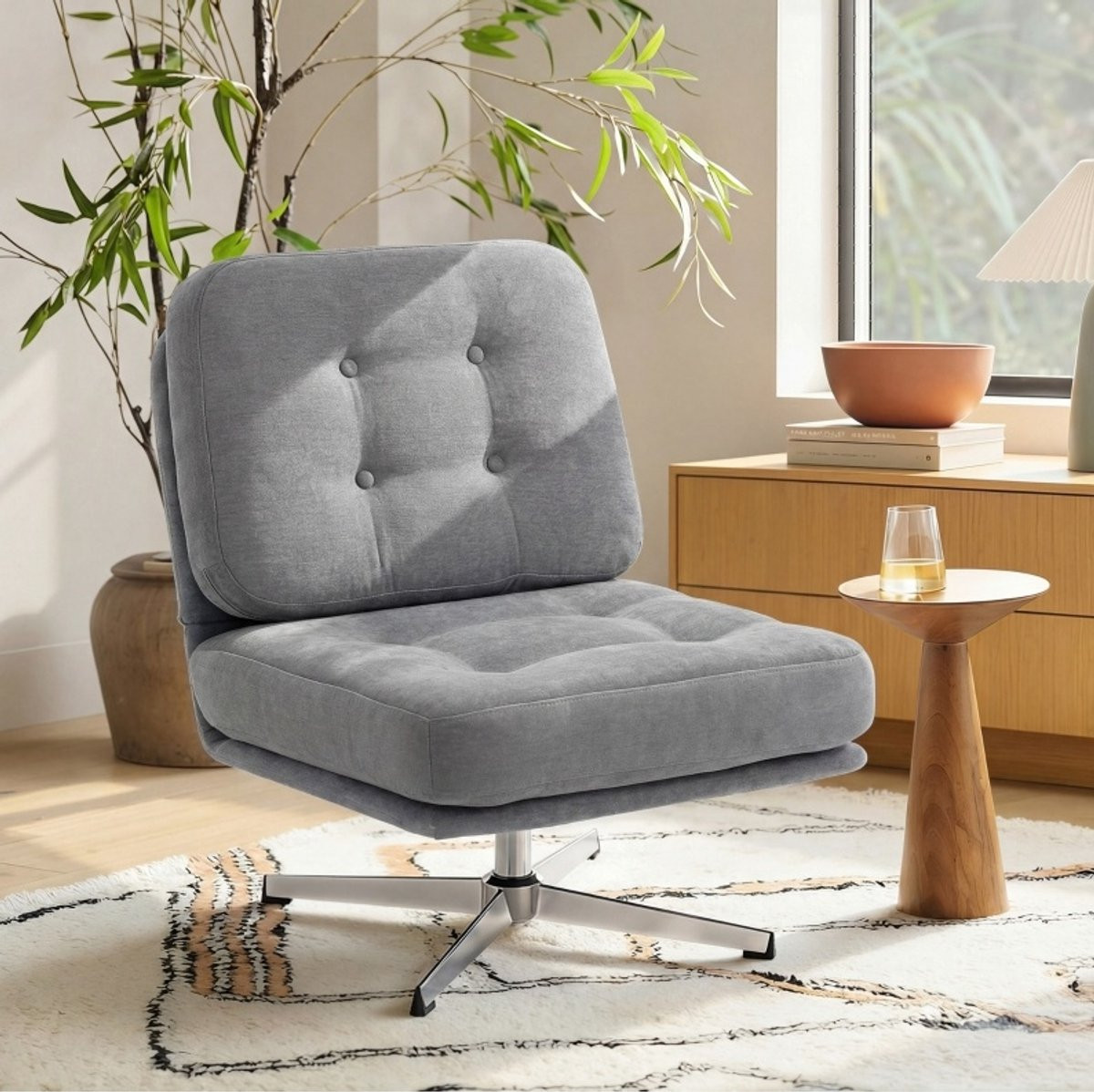 Wishdor Relaxfauteuil - Lichtgrijs - Chenille - 360 graden draaibaar - Moderne lounge fauteuil met metalen poten