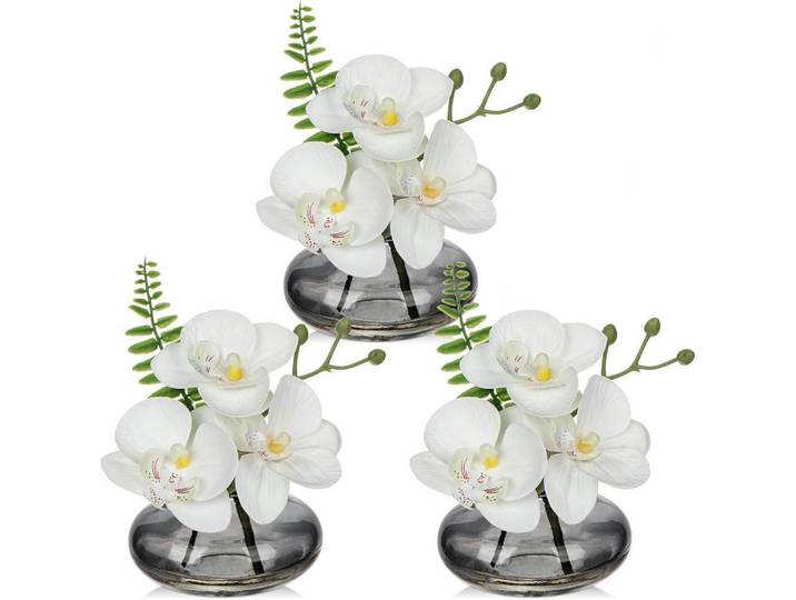 Kunstblumen 3er Set mit Glasvase Weiß, Kunststoff, 12 cm, Dekoration, Blumen & Blumentöpfe, Kunstblumen