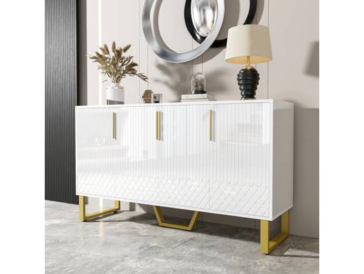 OLIVIBED Sideboard 140 cm, Buffetschrank mit 4 Türen, Wohnzimmerschrank mit Metallgriffe und Beine, Esszimmerschrank mit Viel Stauraum für Wohnzimmer, Esszimmer & Flur, Weiß, 140x40x80cm