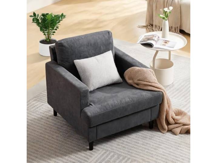 GarveeMore Sessel aus Leinen, gepolstert, Holzbeine, Dunkelgrau Hochdichter Schaumstoff, weiche Polsterung, stabile Holzbeine, zeitlose Optik, für Wohnzimmer und Leseecke
