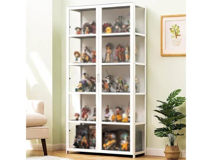 Hynbdes Acryl-Vitrine mit Doppeltür für Wohnzimmer, Harte Textur, Staubdichte Versiegelung, für Vielzahl von Szenen (5 Etagen, Weiß, 42 x 33 x 161, Drei Seiten Transparent)