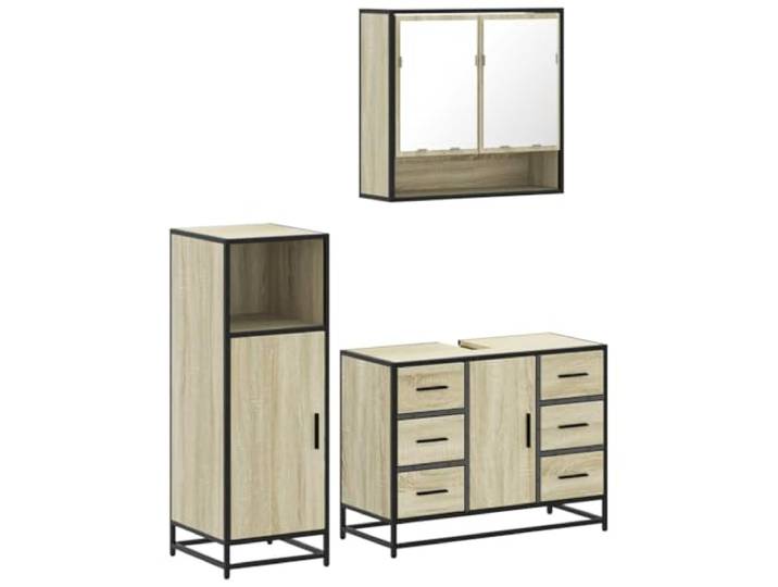 POUFGDR Badezimmermöbel-Set, 3-teilig, Sonoma-Eiche Schrank und Spiegel, Metallrahmen, Ingenieurholz, Industriestil, Toilettenaufbewahrung, einfache Wartung