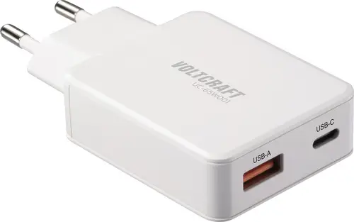 VOLTCRAFT UC-1C1A65W01 USB Ladegerät 65W 1x USB-A, 1x USB-C Fast Charge, USB PD 3.0 Weiß GaN