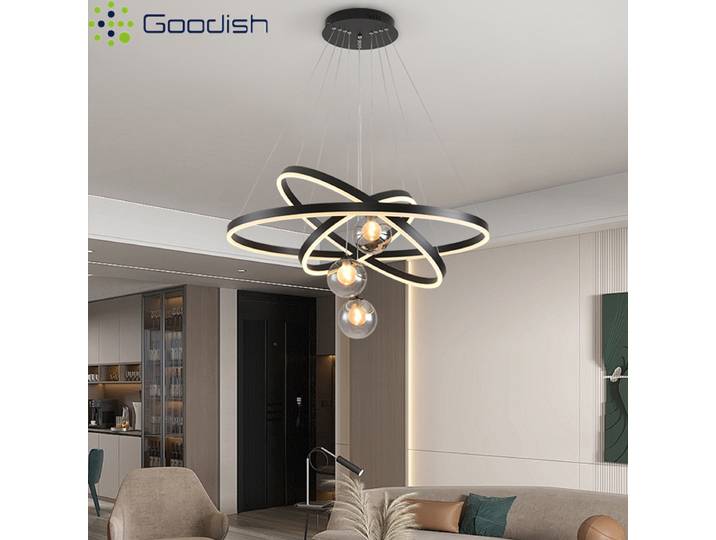 Lustre LED en fer forgé de style Bauhaus médiéval, avec anneaux circulaires et perles dorées, pour la décoration du salon
