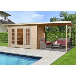 Weka Gartenhaus 172  mit Anbau (295 cm) - 21 mm-mit 295 cm Anbau Gr. 1 (530 x 239 cm) - 50 % Rabatt auf Dacheindeckung