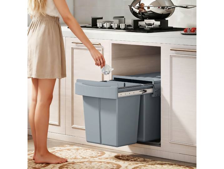 HOMCOM Poubelle Sous Évier 2x20L Recyclage Extractible Gris