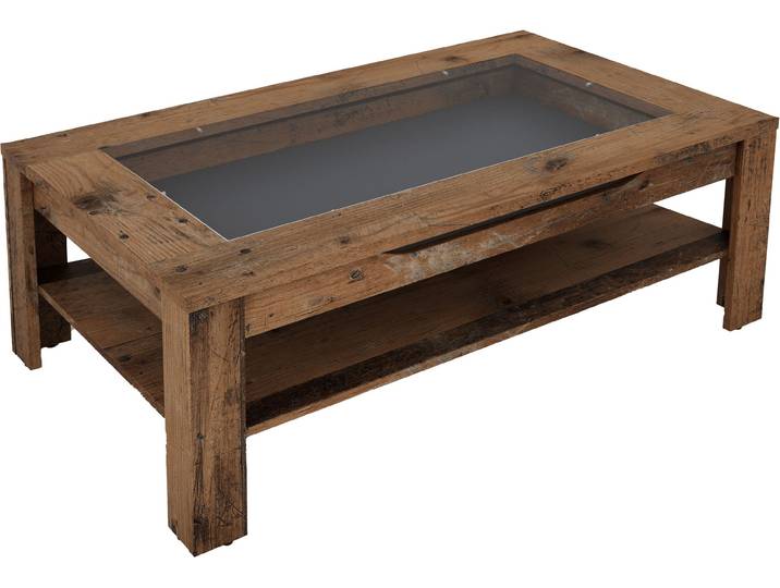 Couchtisch BYLIVING RALPH , braun (old wood (altholz, optik), old wood (altholz, optik)), B:110cm H:43cm T:67cm, Tische, Couchtisch, Tischplatte mit Glaseinlage, Stauraum, 1 Schubkasten, Rollschubführung