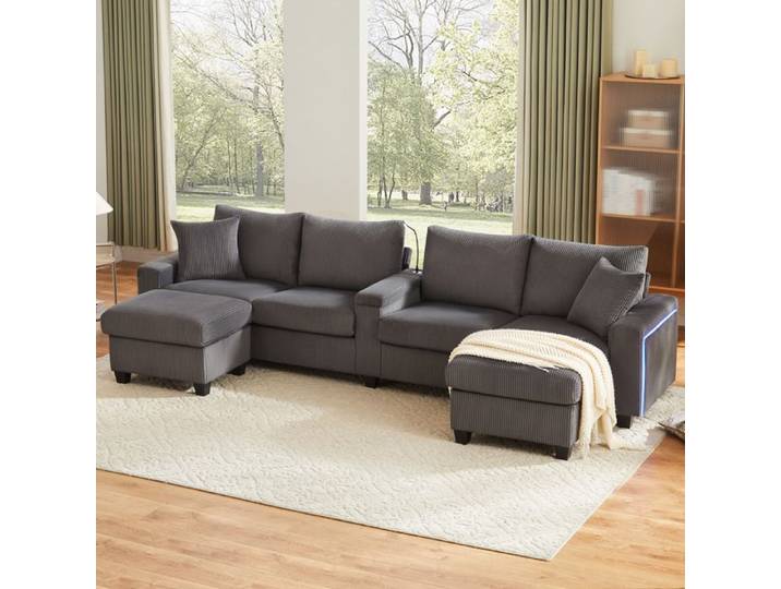Canapé U modulable - ZEVKOR - Canapé U modulable - velours côtelé gris - 2 poufs & rangement - LED & USB Type‑C