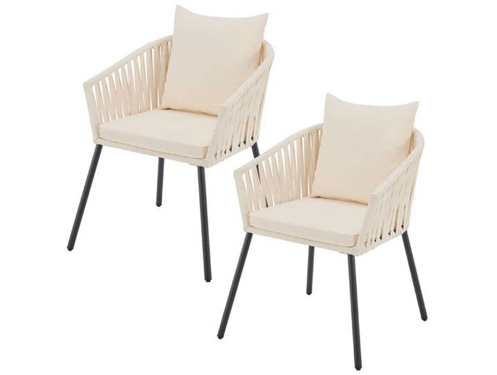 Juskys Lot 2 Chaises de Jardin Corde Beige Coussins Acier 160kg Résistantes Intempéries Terrasse Balcon Extérieur