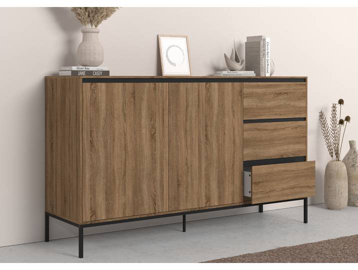 Sideboard GOODPRODUCT Bari , schwarz (eiche, schwarz), B:140cm H:82cm T:40cm, Sideboards, Sideboard, Kommode mit 2 Türen und 3 Schubkästen, Breite 140 cm