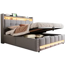 Polsterbett 160x200 cm mit LED-Beleuchtung und USB-Steckdose – modernes Design und hoher Komfort in Hellgrau