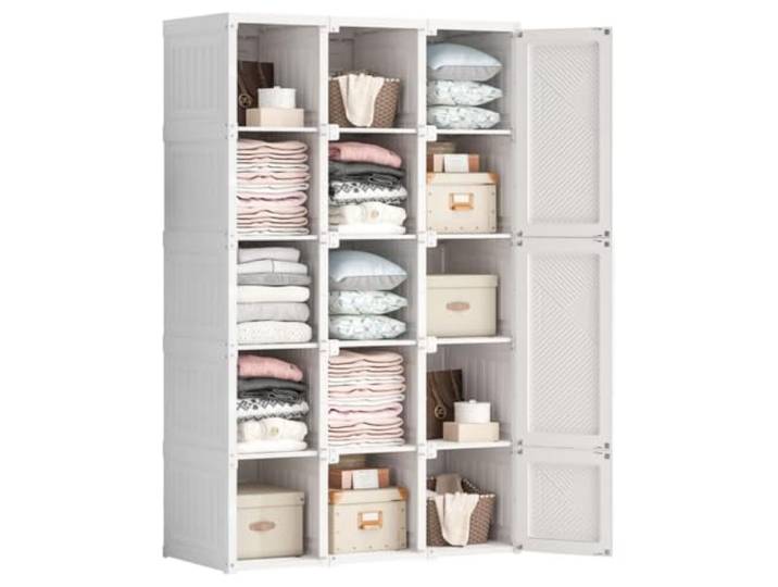 MAYIBOX Zusammenklappbarer Kleiderschrank,104x170x50cm, schnelle Montage, vielseitiger Schrank mit Kleiderstange und Magnettüren,Perfekt für Schlafzimmer und Wohnzimmer，15 Staufächer