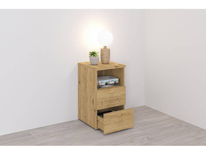 Nachtkonsole FMD Suva , braun (artisan oak), B:35cm H:60cm T:40cm, Holzwerkstoff, Sideboards, Nachtkonsole, Nachttisch m. 2 Schubkästen und offenem Fach