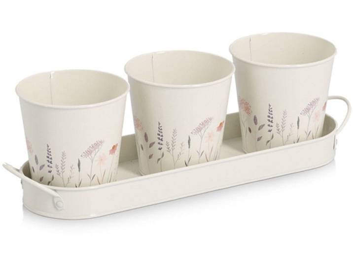 Kräutertopf ZELLER PRESENT Pflanztopf-Set , weiß, B:10,5cm H:11cm T:37cm, Metall, Pflanzgefäße, Kräutertopf, 3 Töpfe & passendes Tablett