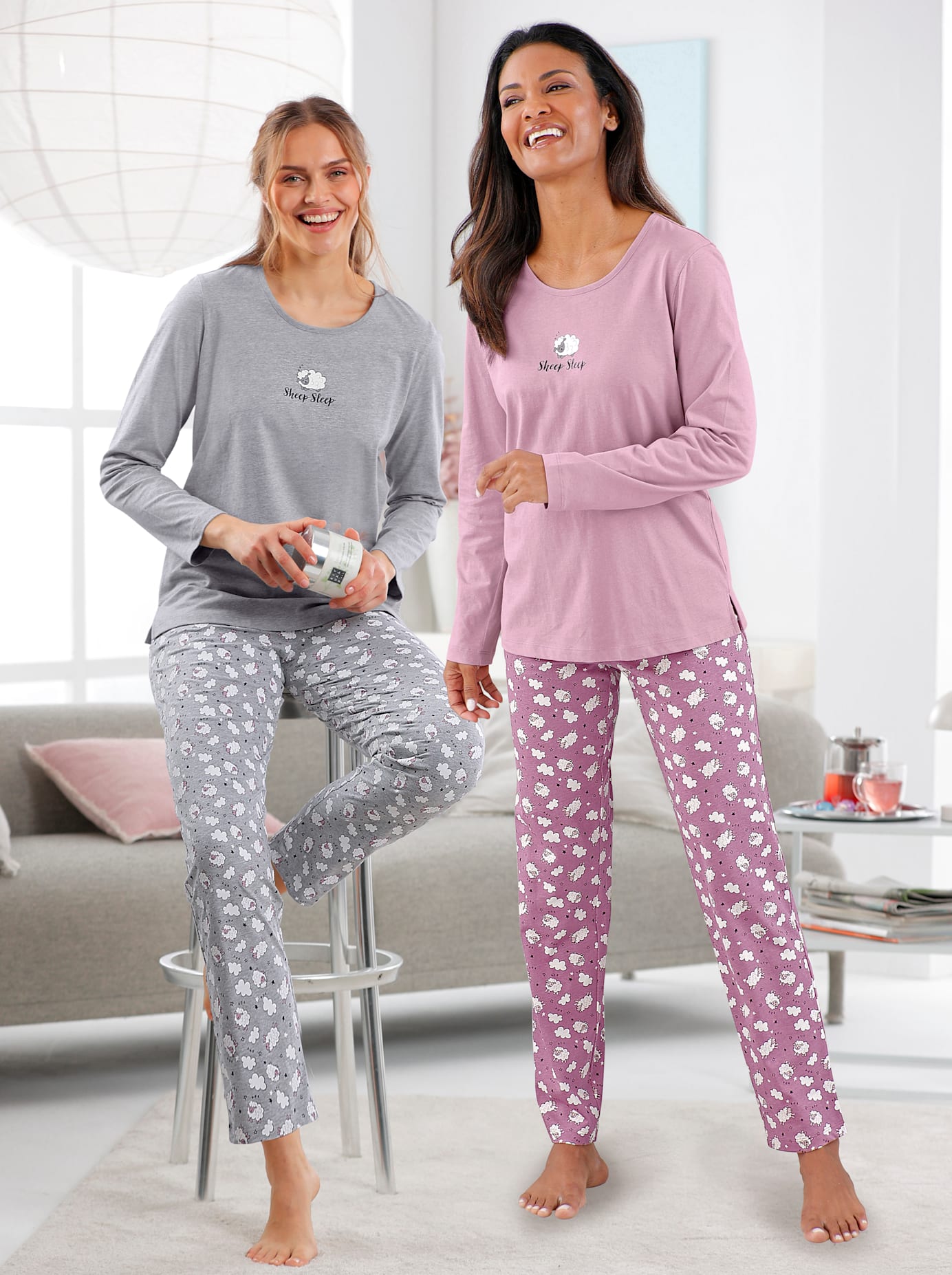 Schlafanzug WÄSCHEPUR, Damen, Gr. 52/54, rosa (mauve, grau, meliert, violett), 100% Baumwolle, Homewear-Sets Schlafanzug mauve, grau, meliert, violett 52/54