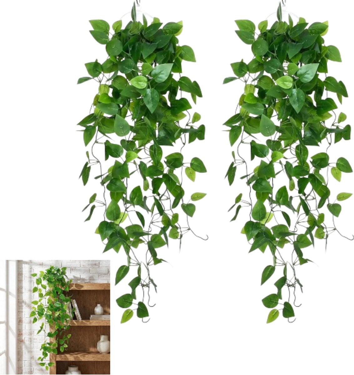 Set van 2 kunst-pothos hangplanten, groen, 100 cm