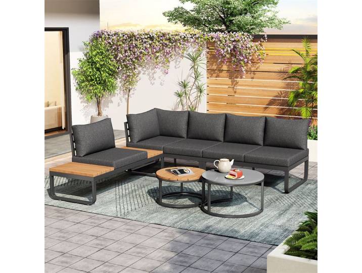 Salon de Jardin Exterieur 4-5 Personnes Canape Exterieur 2 Tables Basses Empilables Mobilier de Jardin Pas Cher Pieds Réglables