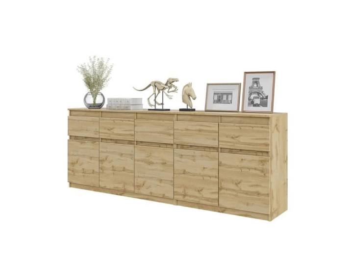 Commode NOAH - 5 Tiroirs et 5 Portes - H75 cm x L200 cm x P35 cm (Chêne Wotan)