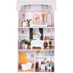 EcoToys Alice Puppenhaus – 3 Etagen, 4 Zimmer, Set mit 9 Möbelstücken