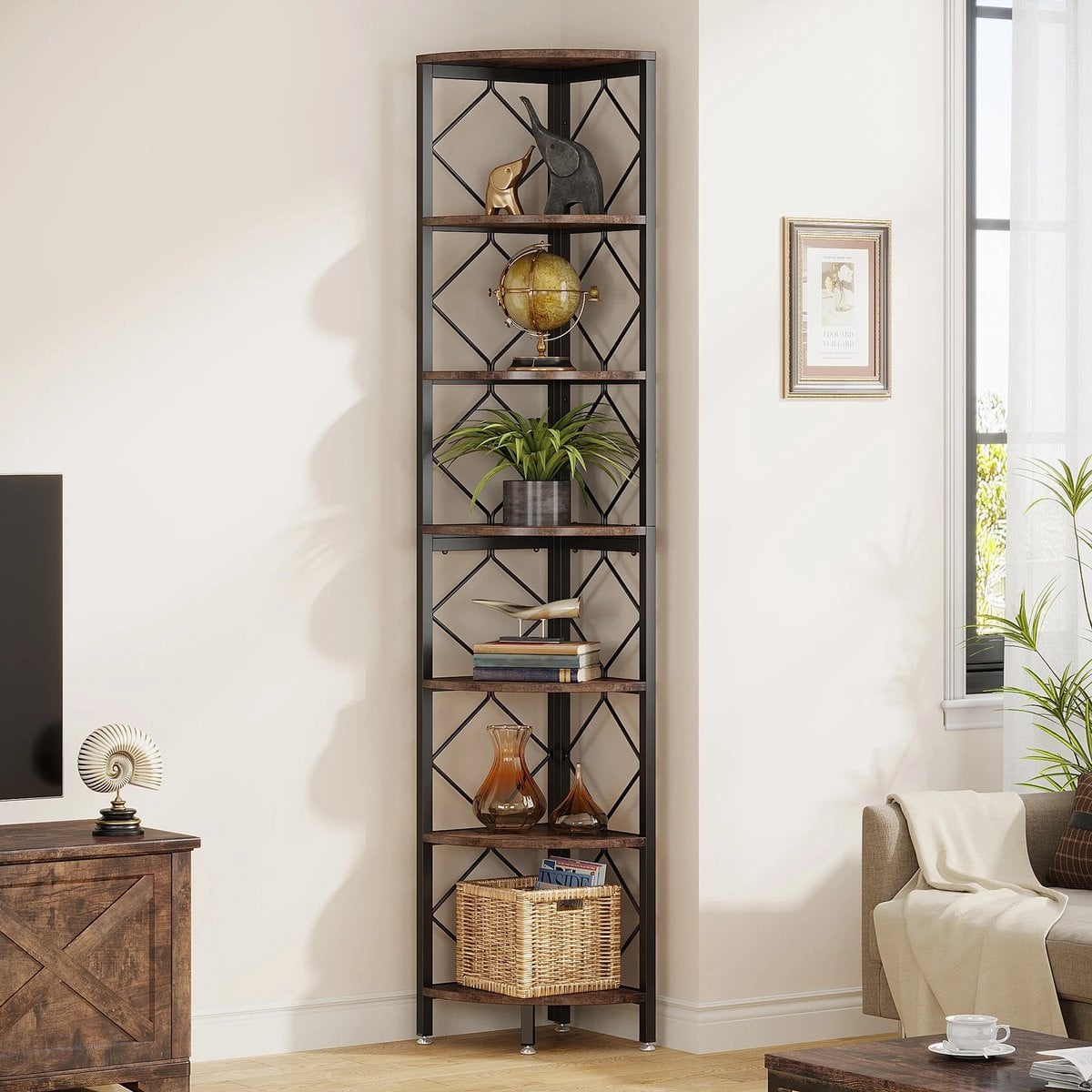 Questyr 7-laags hoekboekenkast - Industriële slanke hoekplank voor kleine ruimtes - Hoogte: 200 cm