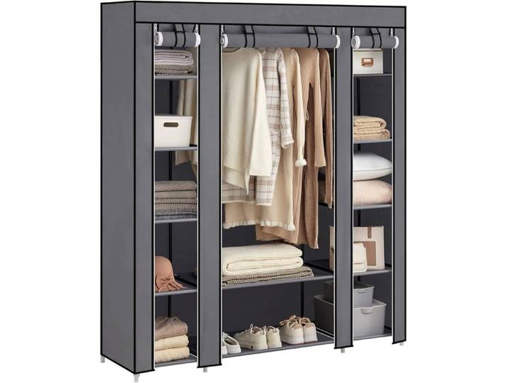 Armoire de Rangement en Tissu - 12 Tringles à Vêtements et Étagères Intégrées - Gris Anthracite