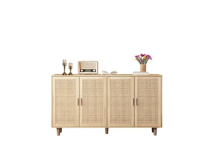 Buffet bahut 158 cm – 4 portes en rotin – Étagère réglable – Naturel