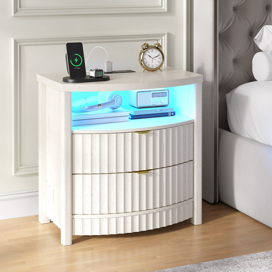 Metro Modern Bedside Tables With Human Sensor Light, Charging Station, Lockable Drawer White 60cm H X 60cm W X 40cm D