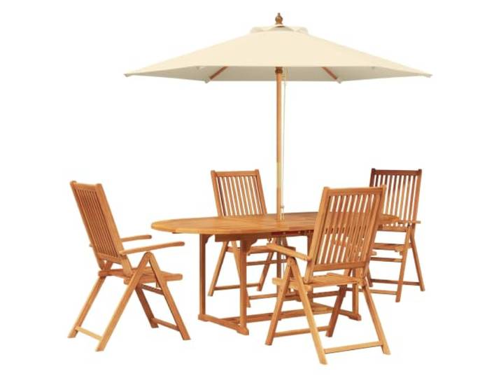 KTHLBRH Outdoor-Lunch-Set aus Akazienholz mit Sonnenschirm, 6-teilig Geöltes Massivholz, ausziehbarer Tisch, Sonnenschirmloch, Liegestühle, UV-Polyesterbezug, 3 Höhen, 5 Positionen
