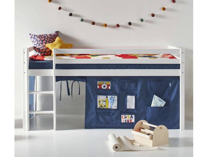 Hochbett HOPPEKIDS ECO Dream, Kinderbett, Spielbett, Halbhohes Bett aus Massivholz , blau (weiß, creator blau), B:101cm H:105cm L:208cm, Kinderbett: 100% Massivholz: Nordische Kiefer, Vorhang: 100% Baumwolle, Matratzenbezug: 77% Polyester, 23% Bambusfasern, Matratze: Waterlily Matratzenkern, Hochbetten, Hochbett, inkl. Vorhang-Set Creator, Bettgrösse & Matratze wählbar