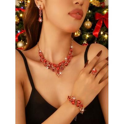 Damen grün Kristall Schmuck-Set 4-teilig, elegante Halskette, Ohrringe, Armband Ring für Weihnachtsfeiern, Weihnachtsgeschenke formelle Veranstaltungen