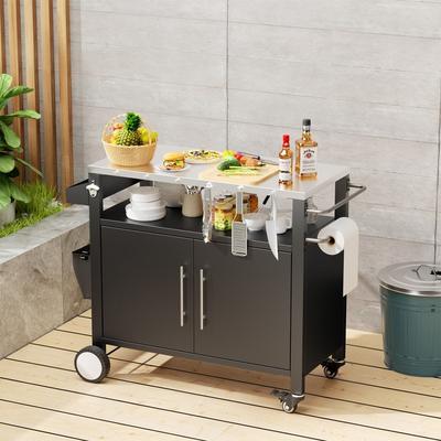 Rolling Bar Cart Outdoor BBQ Cart with Hooks and Spice Rack for Grilling Accessories