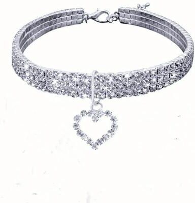 Uplift Essentials Triple Row Rhinestone Glamour Pet Collar With Heart Charm white m