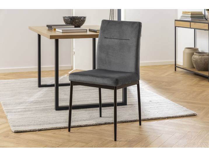 Esszimmerstuhl ACTONA GROUP Doris , grau (dunkelgrau, schwarz, dunkelgrau), B:45cm H:91cm T:55cm, Polyester, Stoff, Stühle, Esszimmerstuhl, mit lebendigem Stoff, schlanke, schwarze Metallbeine