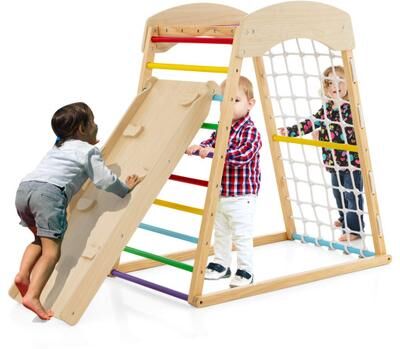Costway 6-in-1 Jungle Gym Wooden Indoor Playground with Double-Sided Ramp and Monkey Bars-Multicolor