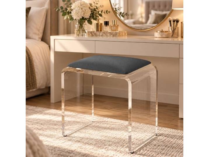 Transparenter Acryl Schminkhocker, Gepolsterter Sitz, Modernes Design Klare Acrylstruktur mit weichem Sitz für Schminktisch, Schlafzimmer, Bad und Ankleidezimmer(I)