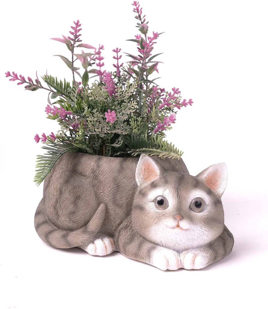 Moderne Kat Planter Sculptuur Decoratie - Handgemaakt Beeldje van Polyresin, Hoogte: 20 cm