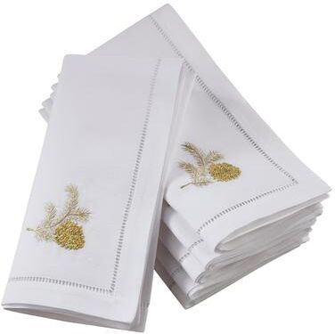Saro Lifestyle Hemstitch Table Napkins With Embroidered Pine Cone Design (Set of 6)