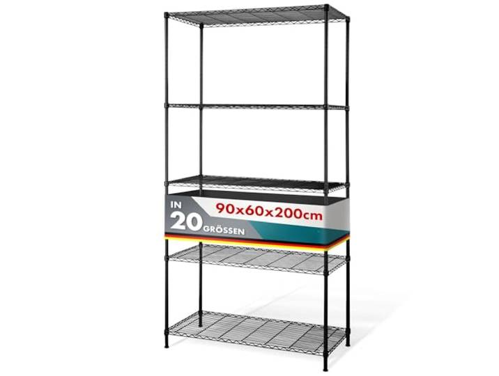 Floordirekt Metallregal dekoratives & Robustes Lagerregal, Kellerregal für Bad, Küche, Büro, Wohn- und Außenräume (90x60x200-schwarz-rocky: ⌀19mm)