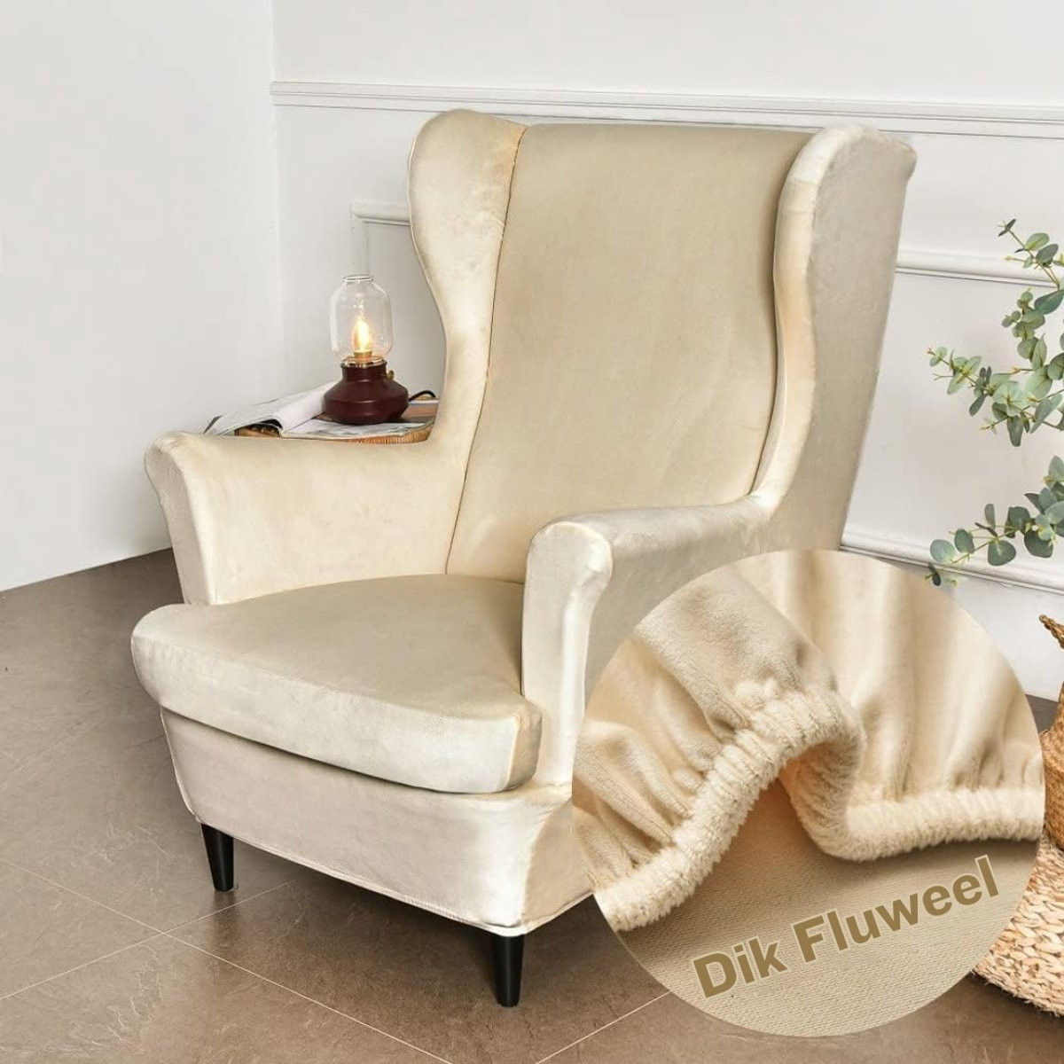 2-delige verstelbare stretch wing chair covers in beige velours voor fauteuils