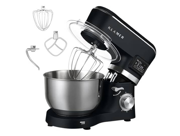 KLAMER Classic Küchenmaschine 1400 W mit 5,5 L Edelstahlschüssel Knetmaschine mit planetarischem Rührwerk verarbeitet schwere Brotteige mühelos, arbeitet gleichmäßig mit Fermentierfunktion