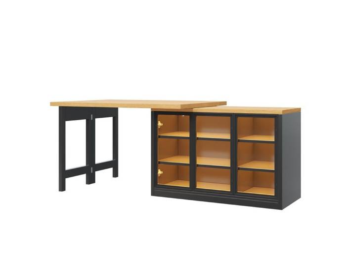 Îlot de cuisine avec table extensible pivotante 360° et rangement latéral – Noir