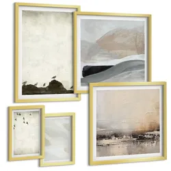 BILDER SET 5er Set - 50x50 cm & 20x30 cm & 40x60 cm Goldrahmen - Vögel, Steine, Pinselstriche, Verzierungen