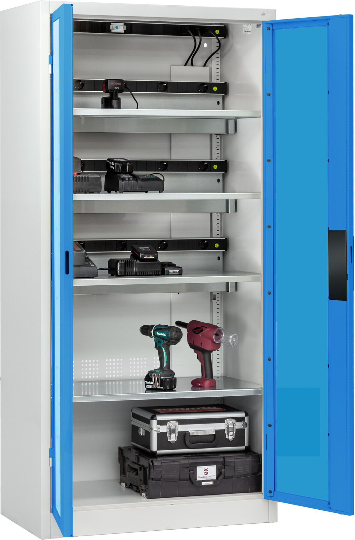 C+P Akkuladeschrank mit Lüftung Acurado, 1950x930x500mm, 7035/5012 ; C + P Möbelsysteme (8921-055E3 S10059)