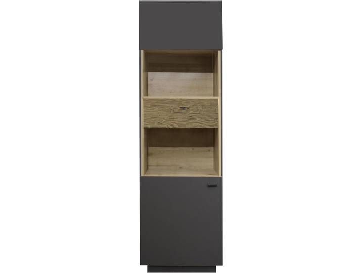 Standvitrine MÄUSBACHER, grau (anthrazit matt lack nb, eiche massiv geschruppt), B:60cm H:196cm T:45cm, Holzwerkstoff, Schränke, Standvitrine, Standvitrine, BHT 60/196/45 cm, inkl. Griffbeleuchtung, Türdämpfung