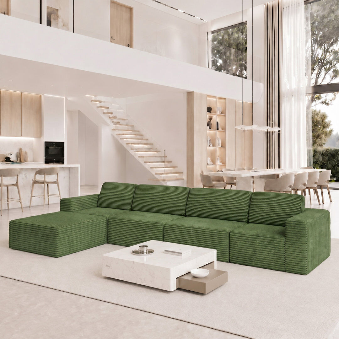 Latitude Run® Modular Oversize 404cm Corduroy Boneless Sofa With Ottomans Reversible, No Assembly Required Green 93cm H X 404cm W X 205cm D
